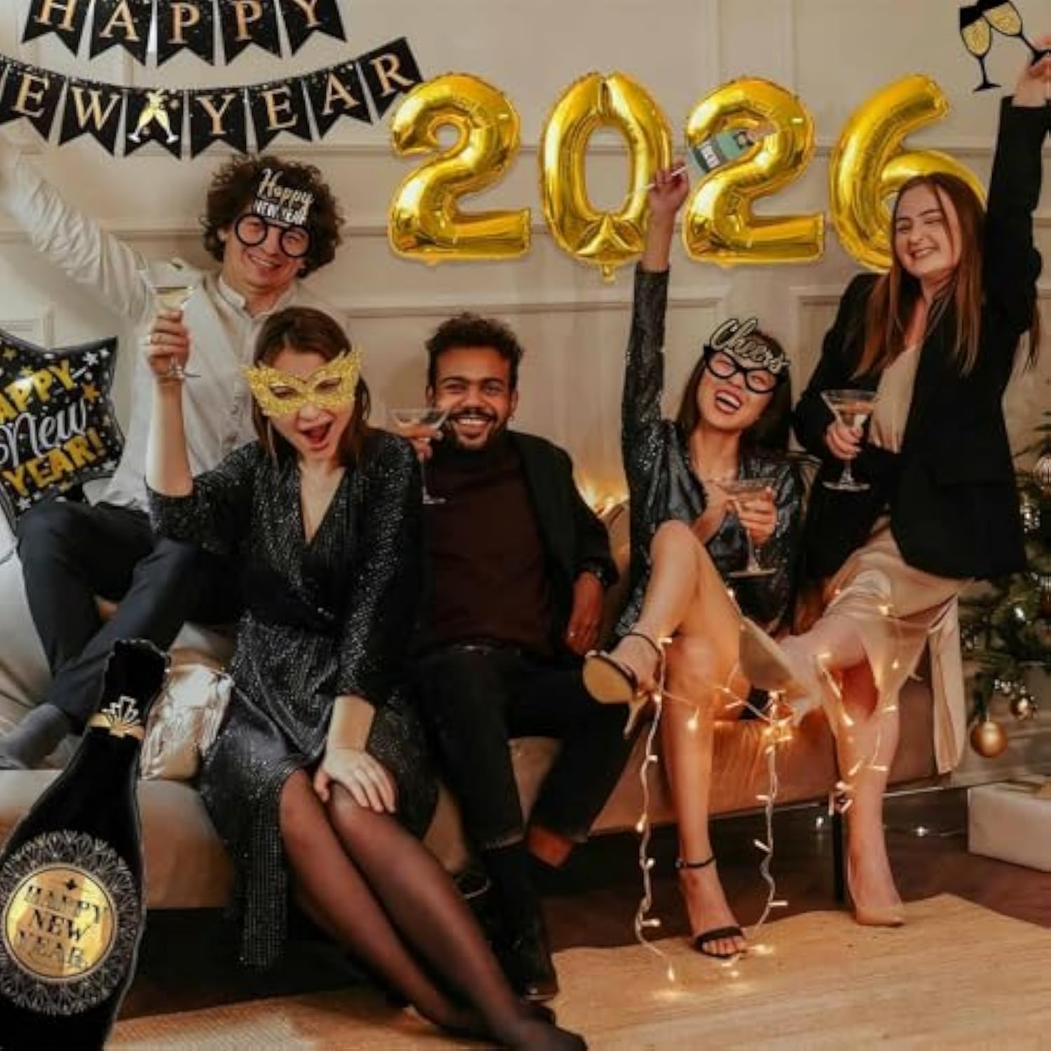 Happy New Year 2026 Party Supplies Foil Balloons Banner Streamers Pom Poms