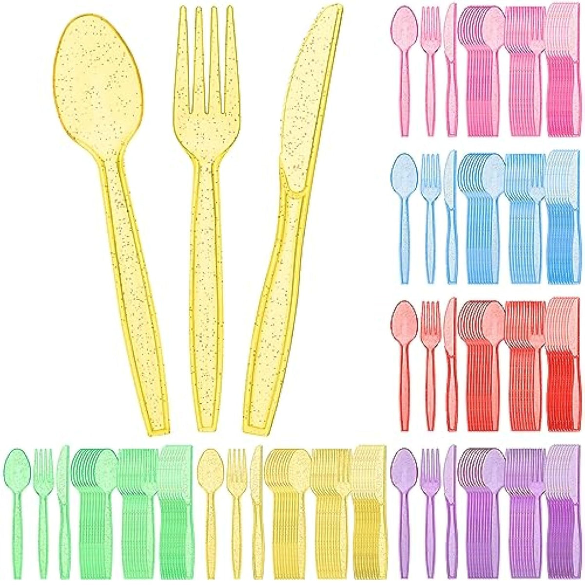 180 Pieces Glitter Plastic Silverware Set Disposable Clear Plastic Cutlery Flatware For Party 60 Knives 60 Spoons 60 Fork For Party Birthday Dinnerware Supplies(Multicolor)