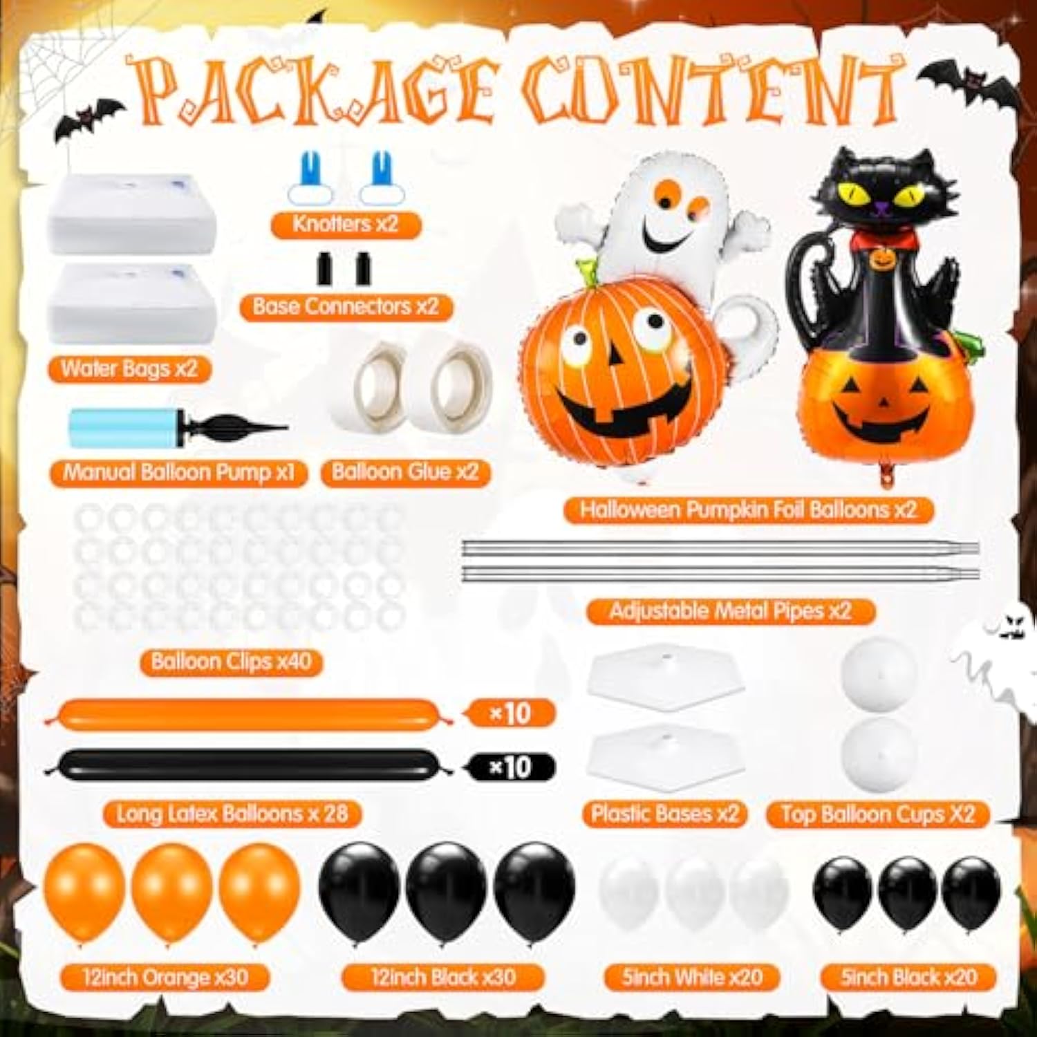 2 Sets Halloween Balloon Column Stand Kit with Pumpkin Foil Balloons Arch Garland