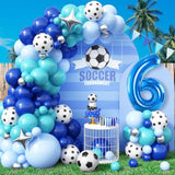 6Th Soccer Birthday Balloons Decorations, Soccer Balloon Arch Kit With Royal Blue Teal Light Blue Balloons, 40 Inch Blue Number 6 Balloon Tower, For Boys 6 Years Old Football Club Party Decorations