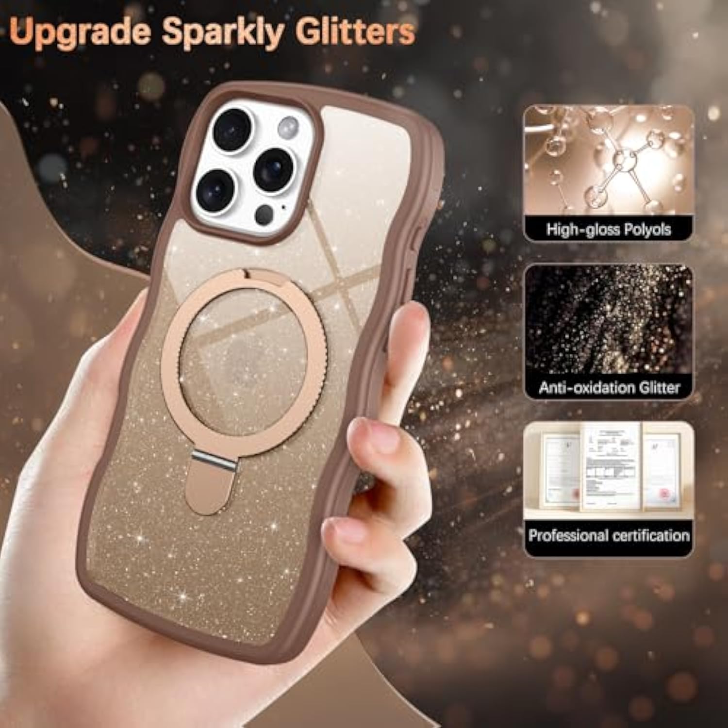 For Iphone 16 Pro Case With Stand, Clear Crystal Glitter Cute Curly Wavy 16 Pro Phone Case Compatible With Magsafe, Magnetic Ring Kickstand Shockproof Anti-Slip Cover, Desert Titanium