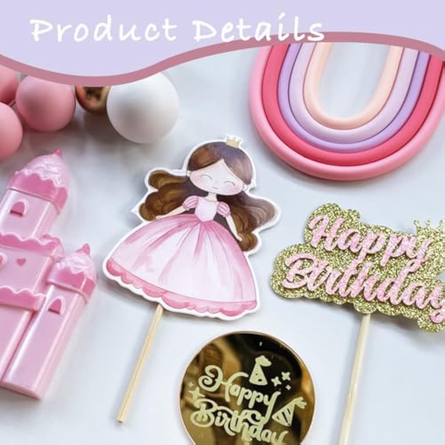 34Pcs Princess Cake Topper Castle Rainbow Cake Decoration With Pink Butterflies Cartoon Castle Pearl Balls For Pink Girl Princess Theme Birthday Baby Shower Party Supplies