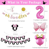 Pink Mouse 2Nd Birthday Party Supplies, Oh Twodles Girl Second Party Decorations Includes Happy Birthday Banner, Hanging Swirls, Tablecloth, Cake Cupcake Toppers, Bow Foil Balloon, Latex Balloons