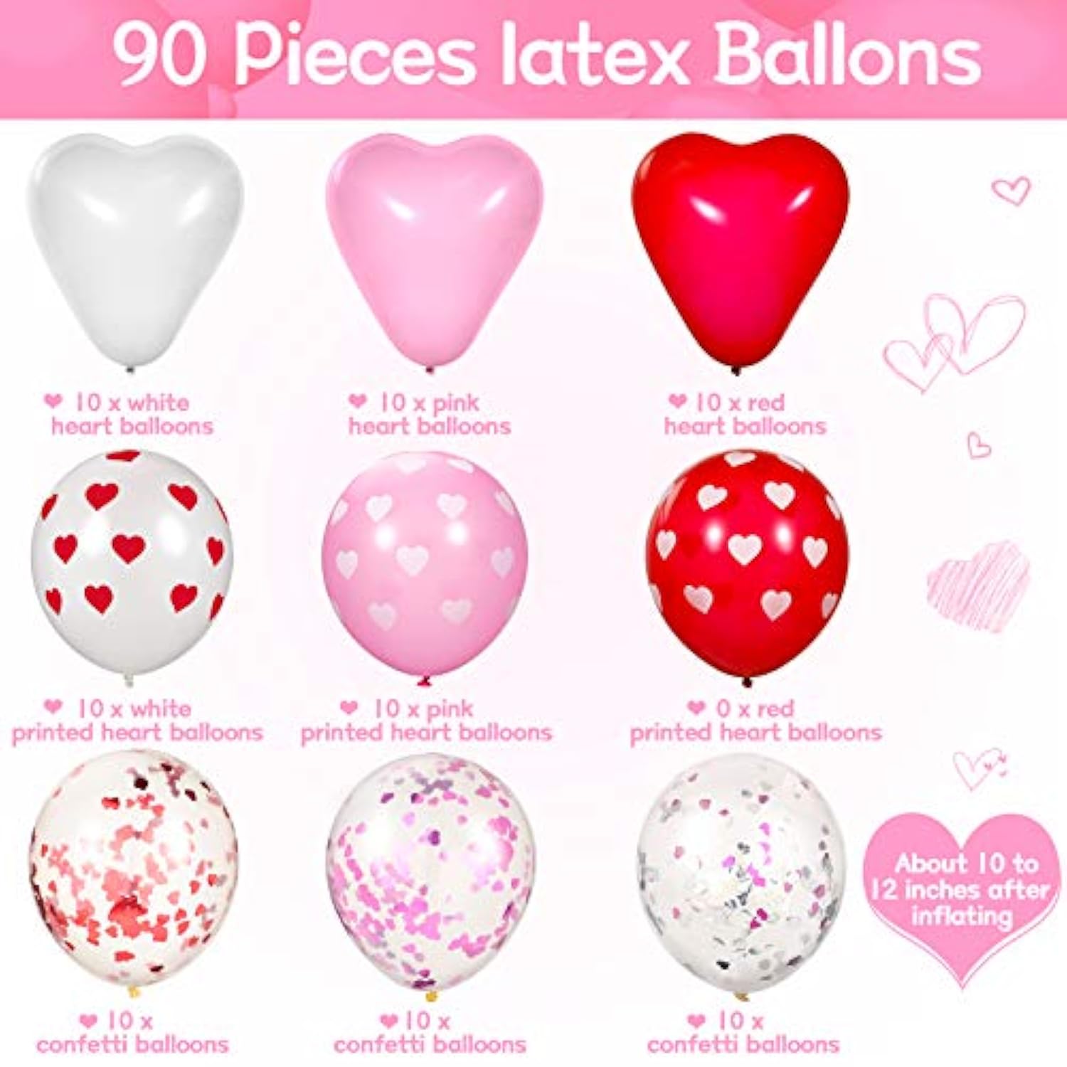 90 Pieces Valentine'S Day Balloons Kit Heart Shaped Pink Red Heart Print Latex Confetti Balloons For Valentine Party Supplies Decorations