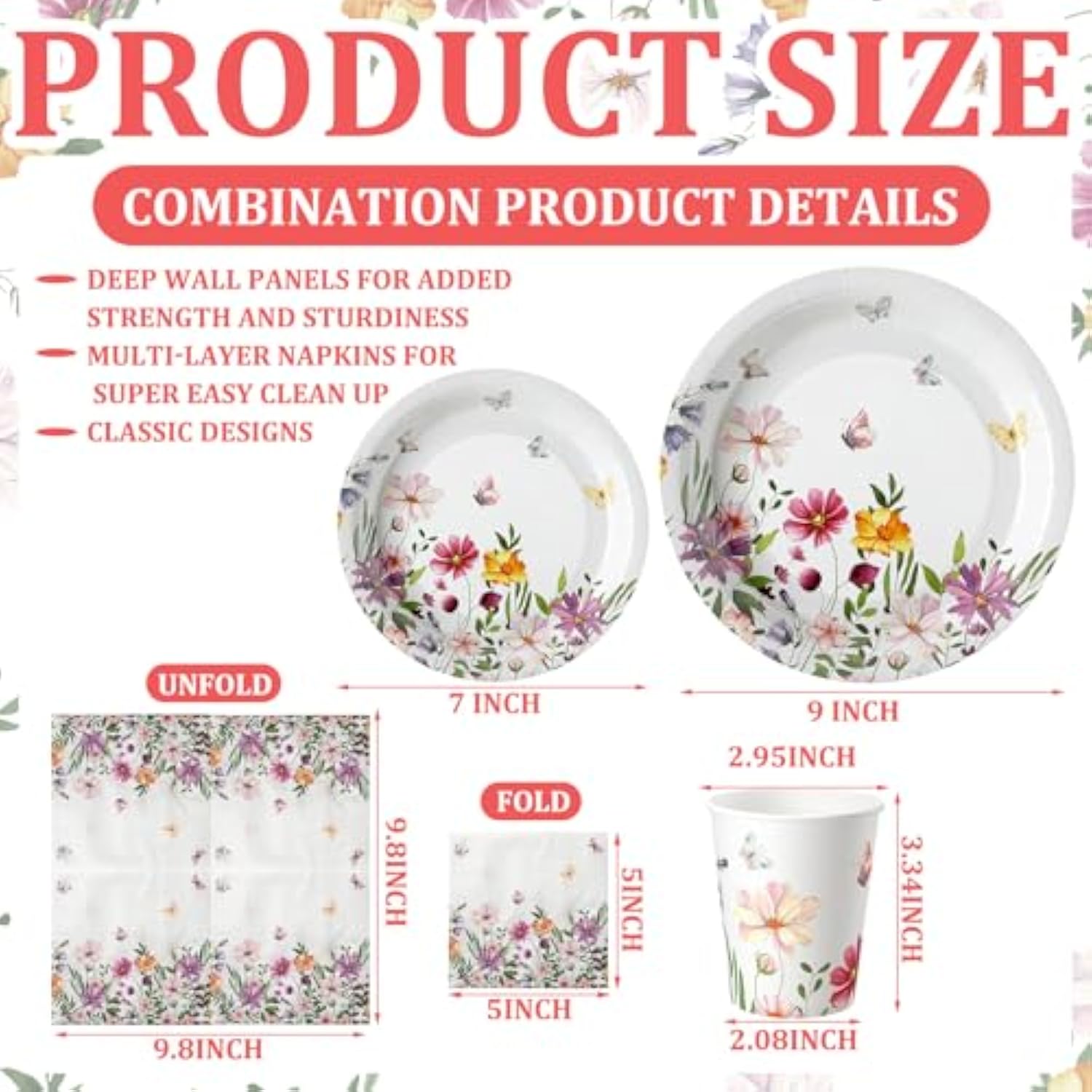 250PCS Wildflower Party Tableware Set for 50 Guests - Plates, Cups, Napkins