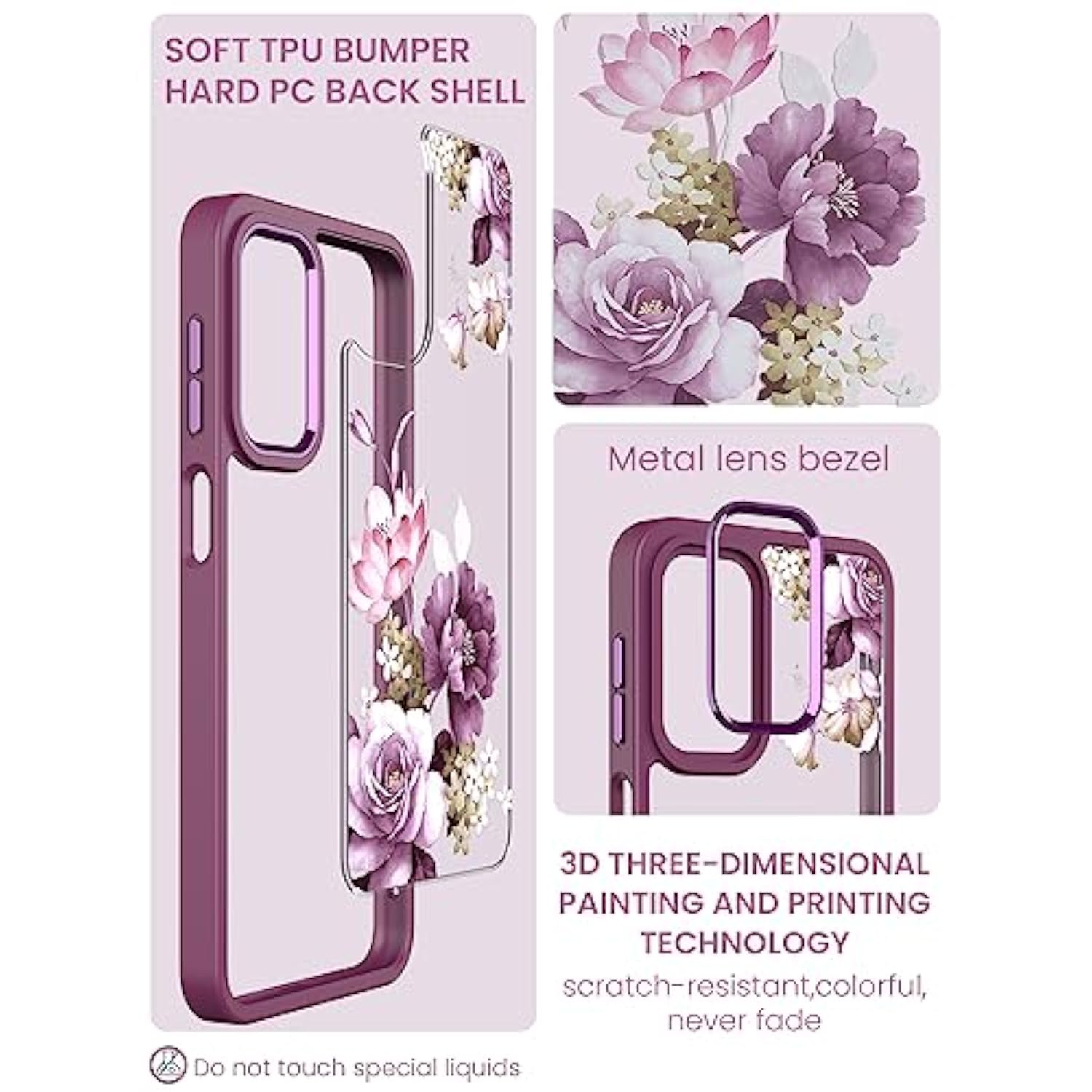 For Samsung A23 4G/ 5G Case, Galaxy A23 Case Tempered Glass Screen Protector,Military Grade Drop Tested Hard Back & Soft Edge Slim Flower Women Girls Phone Protective Cover For A23 5G (Purple)
