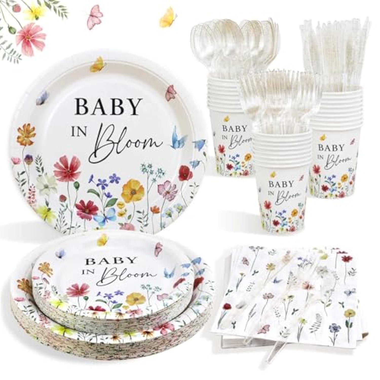 175Pcs Spring Baby In Bloom Baby Shower Decorations Plates Set, Wildflower Floral Baby Shower Paper Plates Napkins Cups And Cutlery Set For 25 Guests