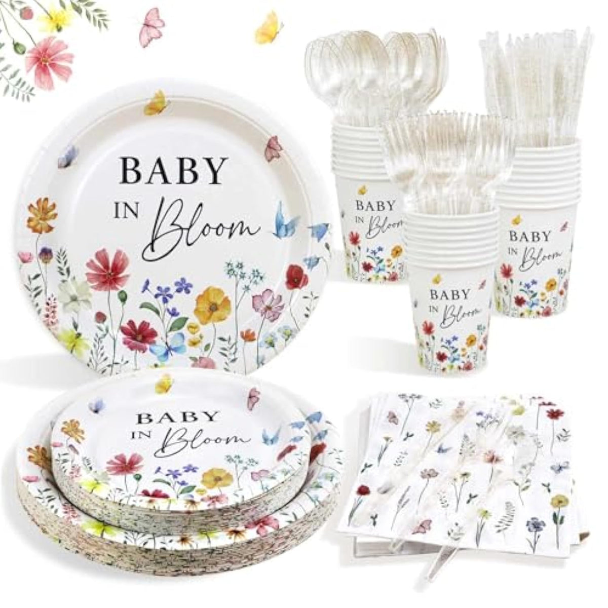 175Pcs Spring Baby In Bloom Baby Shower Decorations Plates Set, Wildflower Floral Baby Shower Paper Plates Napkins Cups And Cutlery Set For 25 Guests