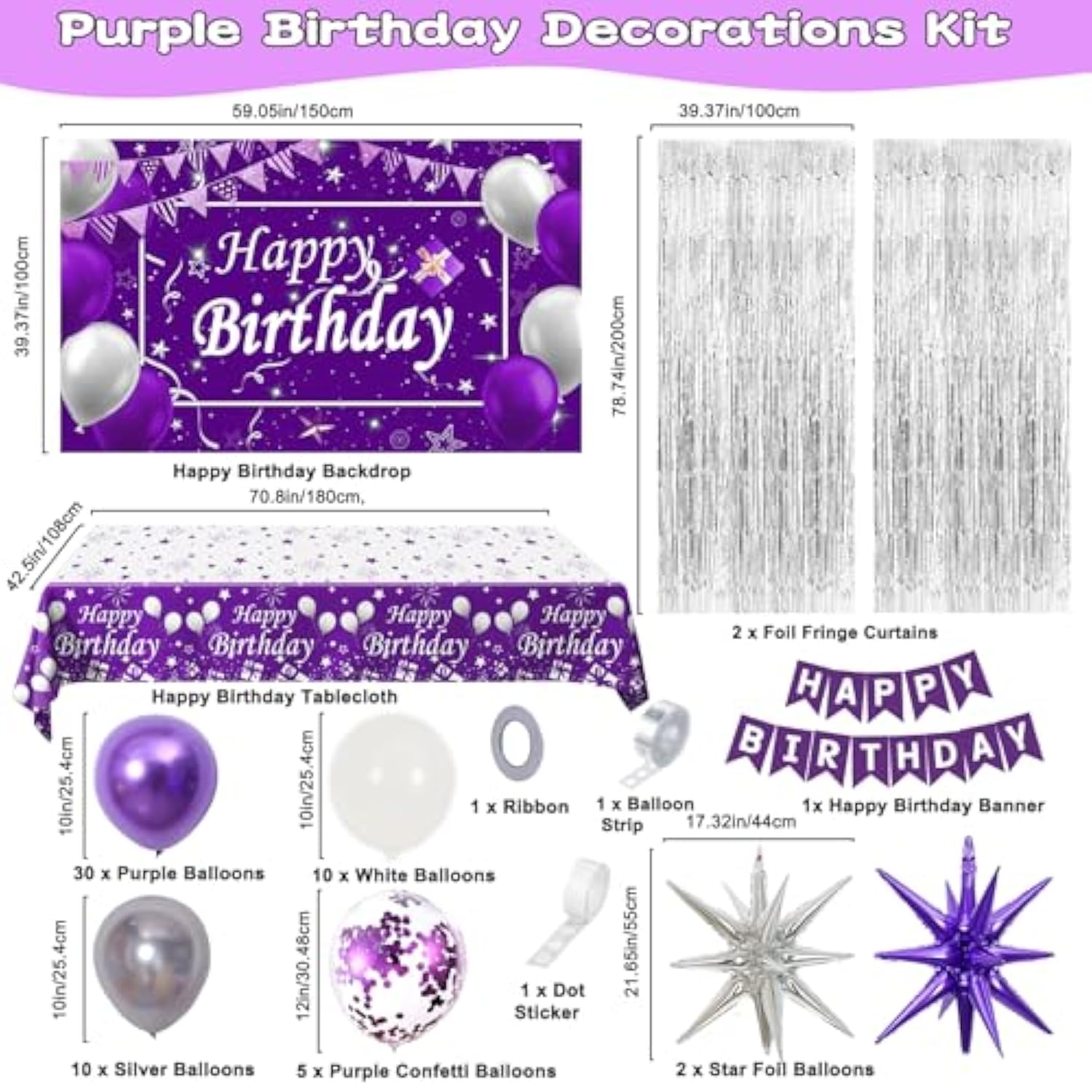 Purple Birthday Decorations For Women Girls, Lavender Purple Silver Party Decorations Kit With Happy Birthday Banner Backdrop Tablecloth Fringe Curtain Balloon Arch