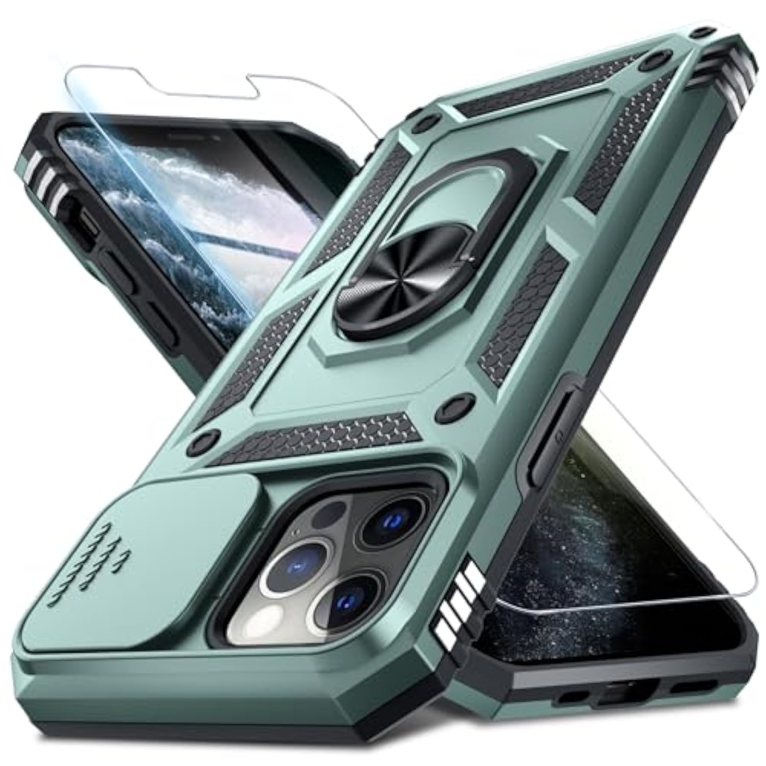 Case For Iphone Xr Phone Cover Built In Slide Camera Lens Cover+Screen Protector,Heavy Duty Shockproof Full Body Phonecase With Finger Ring Holder Kickstand,Dark Green