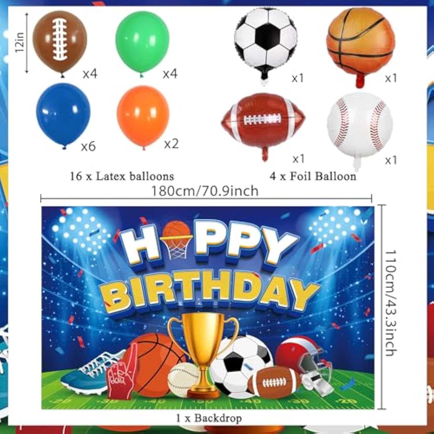 Sports Birthday Party Decorations, 40Pcs Sports Theme Backdrop Banner And Balloons Kit, Basketball Football Baseball Soccer Honeycomb Cake Topper For Birthday Party For Boys And Girls