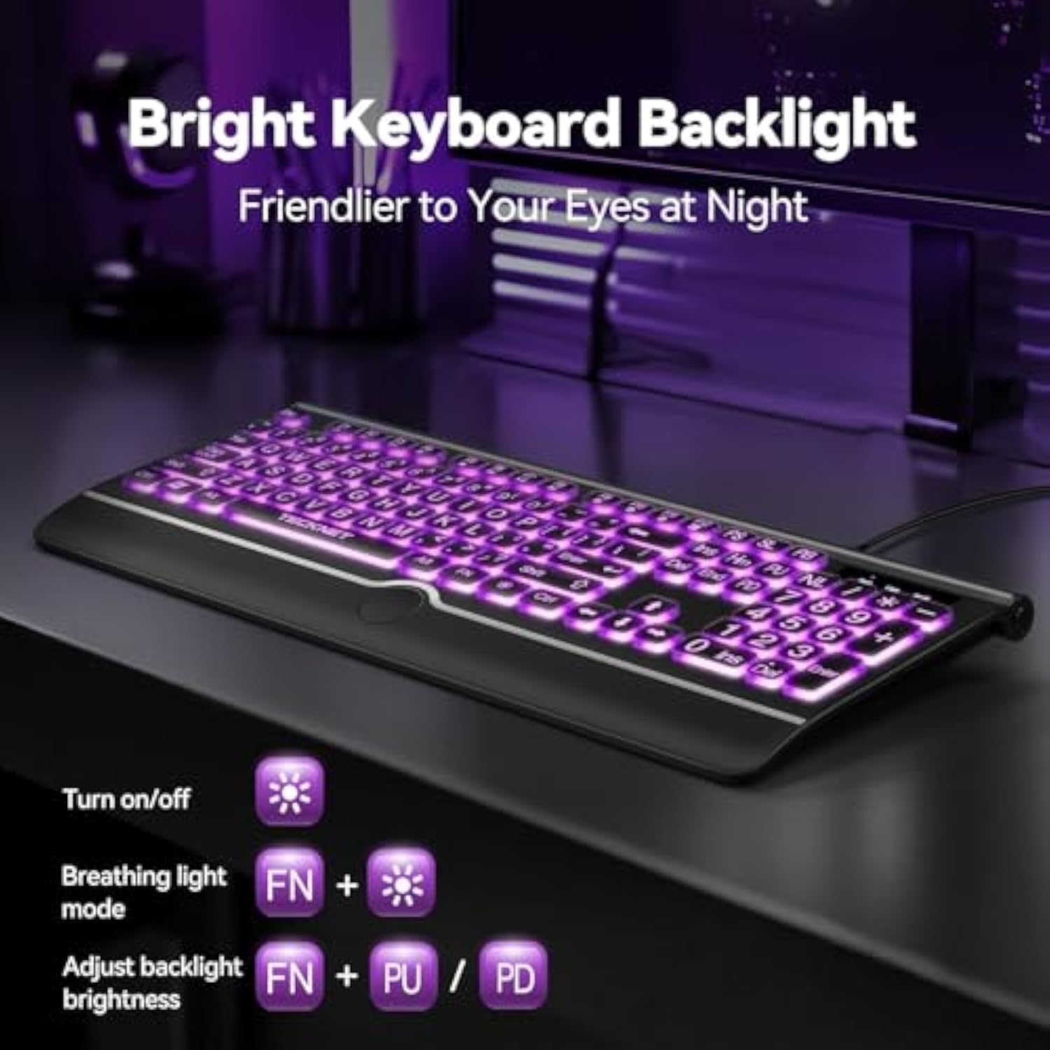 TECKNET Large Print Backlit Keyboard, Wired USB-A Computer Keyboard with Wrist Rest, 7-Color Backlit, Oversized Letter Keys Easy to See, Plug-and-Play, Silent, Foldable Stands for Windows/PC/Laptop