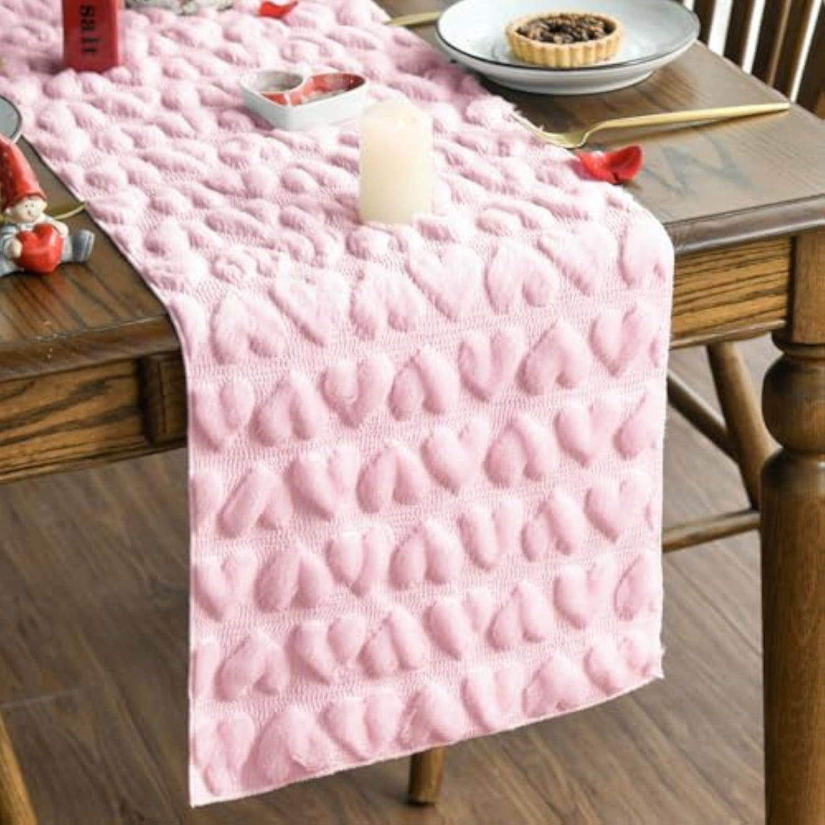 Pink Soft Plush Faux Fur Jacquard Heart Valentine'S Day Table Runner, Seasonal Kitchen Dining Table Decoration For Home Party Decor 13X72 Inch
