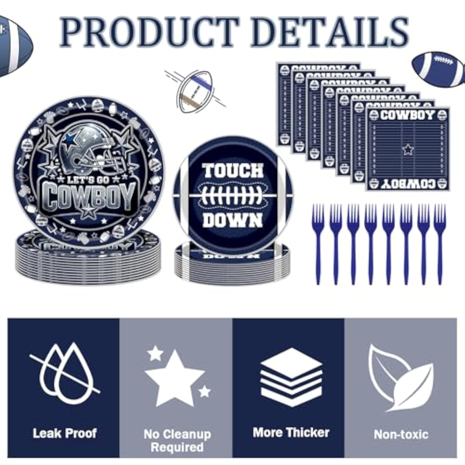 Cowboy Football Party Decorations - 96 Pcs Blue Cowboy American Rugby Tableware Set, Game Day Disposable Paper Plate Napkin Fork, Sports Birthday Party Supplies For Boys Men, Serves 24 Guests