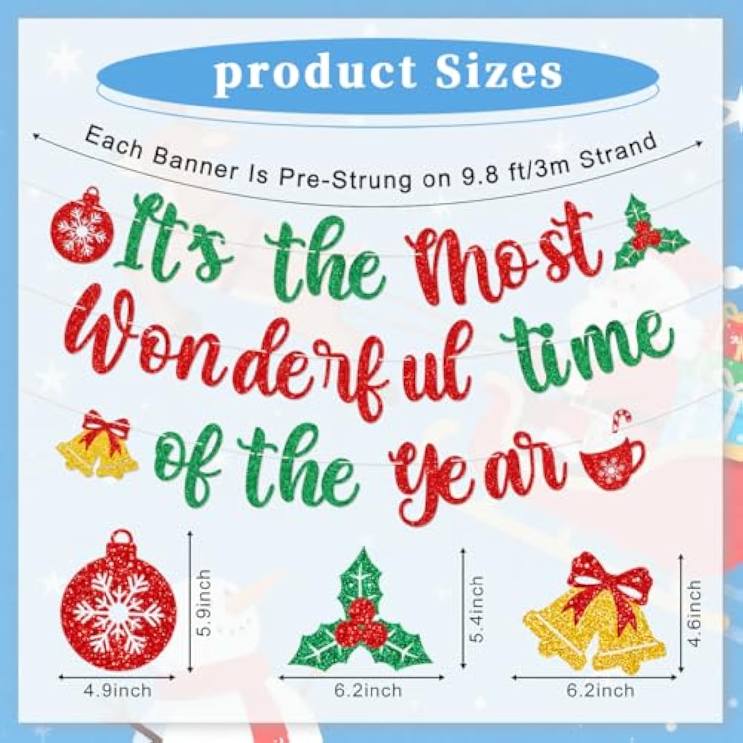 It'S The Most Wonderful Time Of The Year Banner,Glitter Pre-Strung Merry Christmas Banner With Christmas Bell Holly Berries Hot Cocoa Coffee Cup Sign For Winter Party,Happy Holidays Decorations
