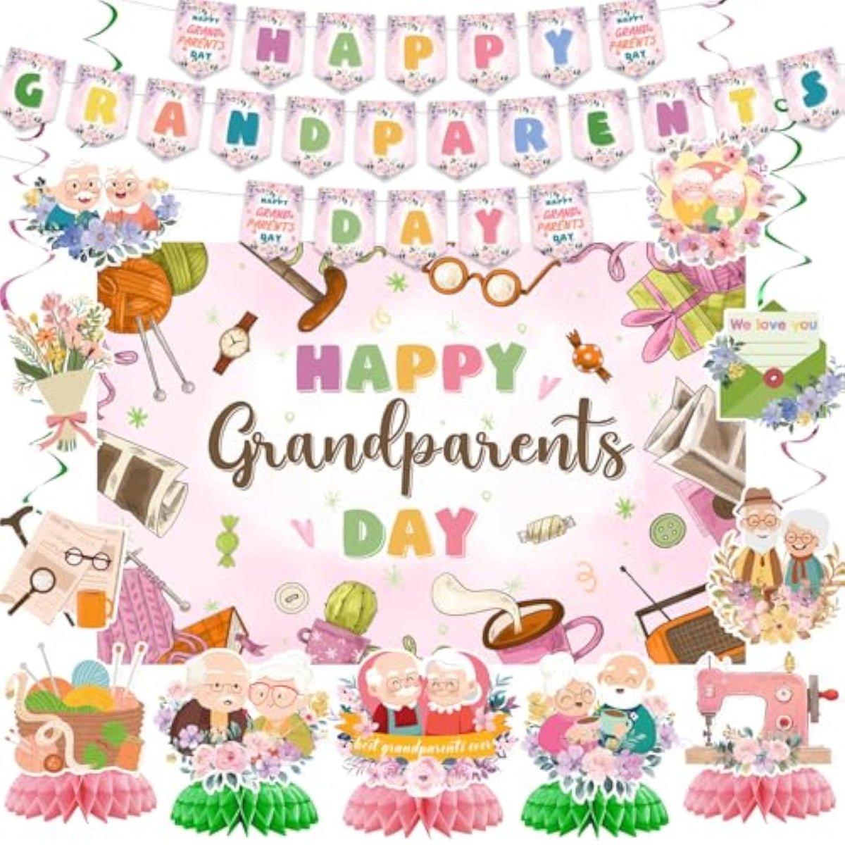 Grandparents Day Party Decorations,Include Banner,Hanging Swirls,Background And Honeycomb Centerpieces For Best Grandpa And Grandma Ever Party Decorations Supplies.