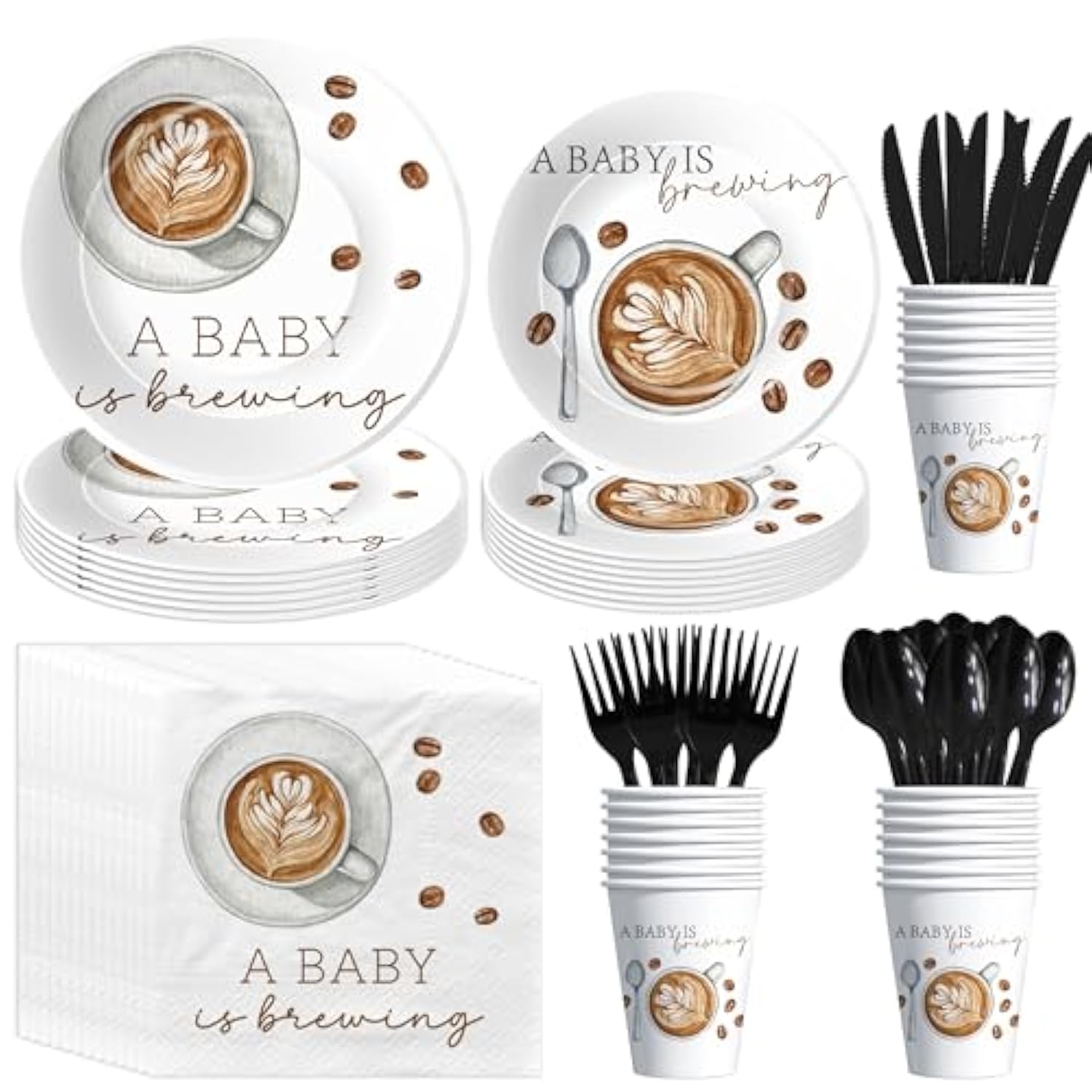 Coffee Baby Shower Decorations Tableware, Coffee Bean Theme A Baby Is Brewing Party Supplies For Birthday, Paper Plates, Cups, Napkins, Disposable Cutlery, Serves 24