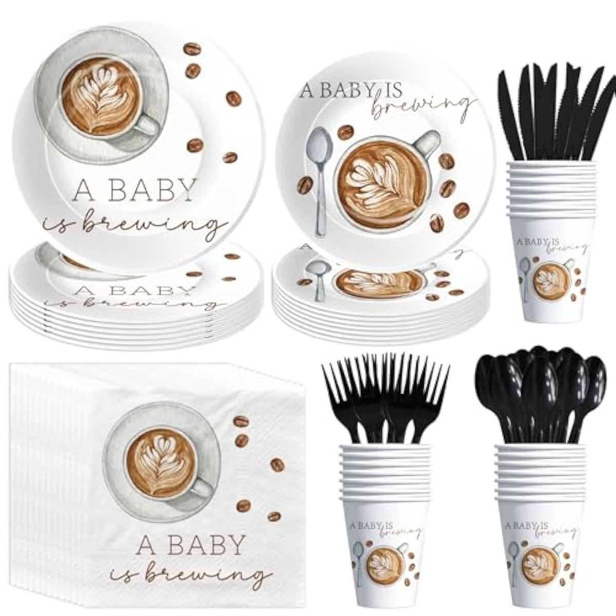 Coffee Baby Shower Decorations Tableware, Coffee Bean Theme A Baby Is Brewing Party Supplies For Birthday, Paper Plates, Cups, Napkins, Disposable Cutlery, Serves 24