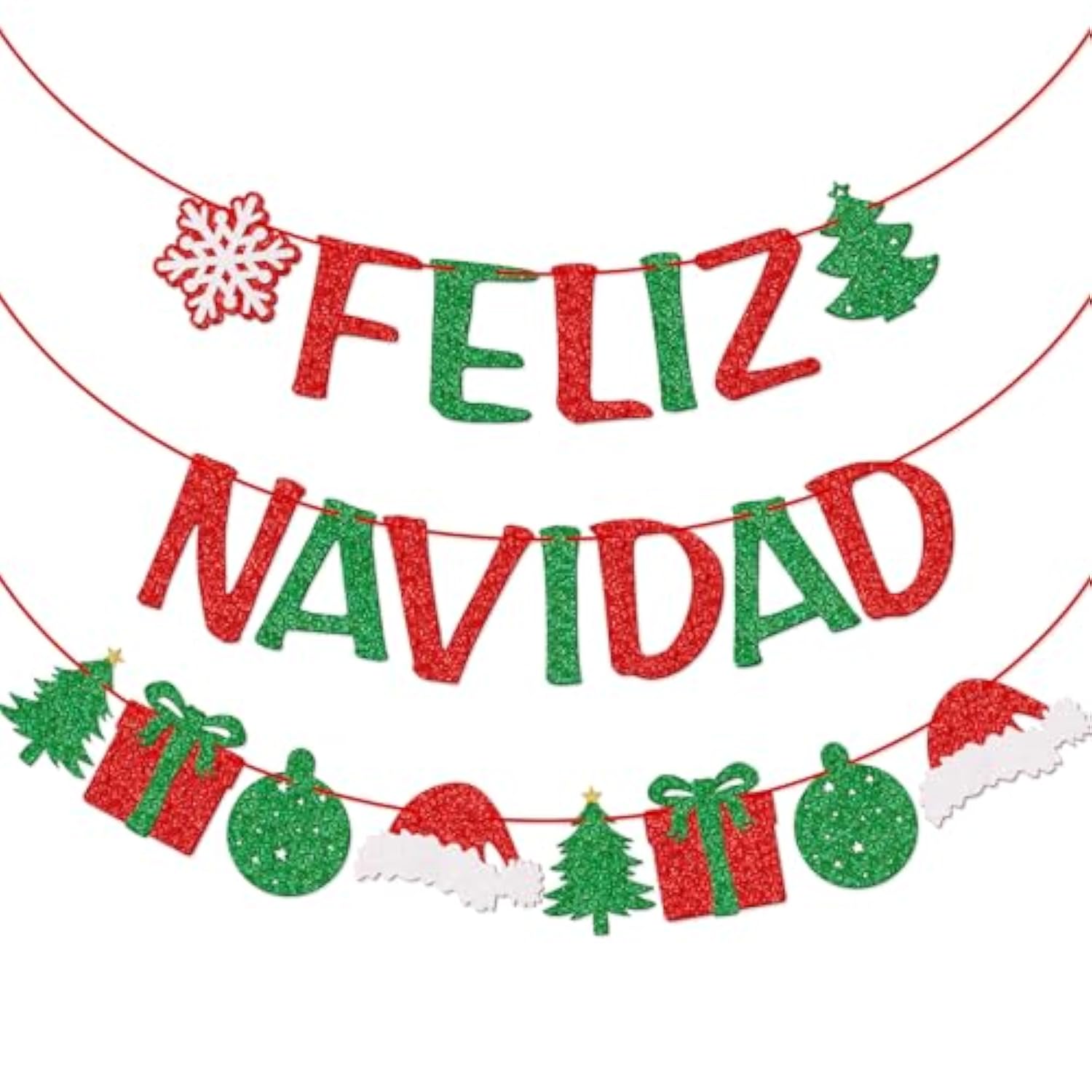 Feliz Navidad Banner With Christmas Sign Garland, Pre-Strung Spanish Merry Christmas Banner, Christmas Party Decorations For Home Office Fireplace Mantel, Red And Green Glitter