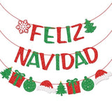 Feliz Navidad Banner With Christmas Sign Garland, Pre-Strung Spanish Merry Christmas Banner, Christmas Party Decorations For Home Office Fireplace Mantel, Red And Green Glitter