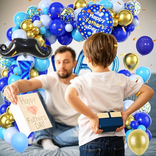 Father's Day Balloon Arch, Royal Blue Light Blue Metallic Gold Balloon Garland Kit with Large Beard Tie Foil Balloons, Father Dad Letter Balloons for Dad's Day Party Decorations