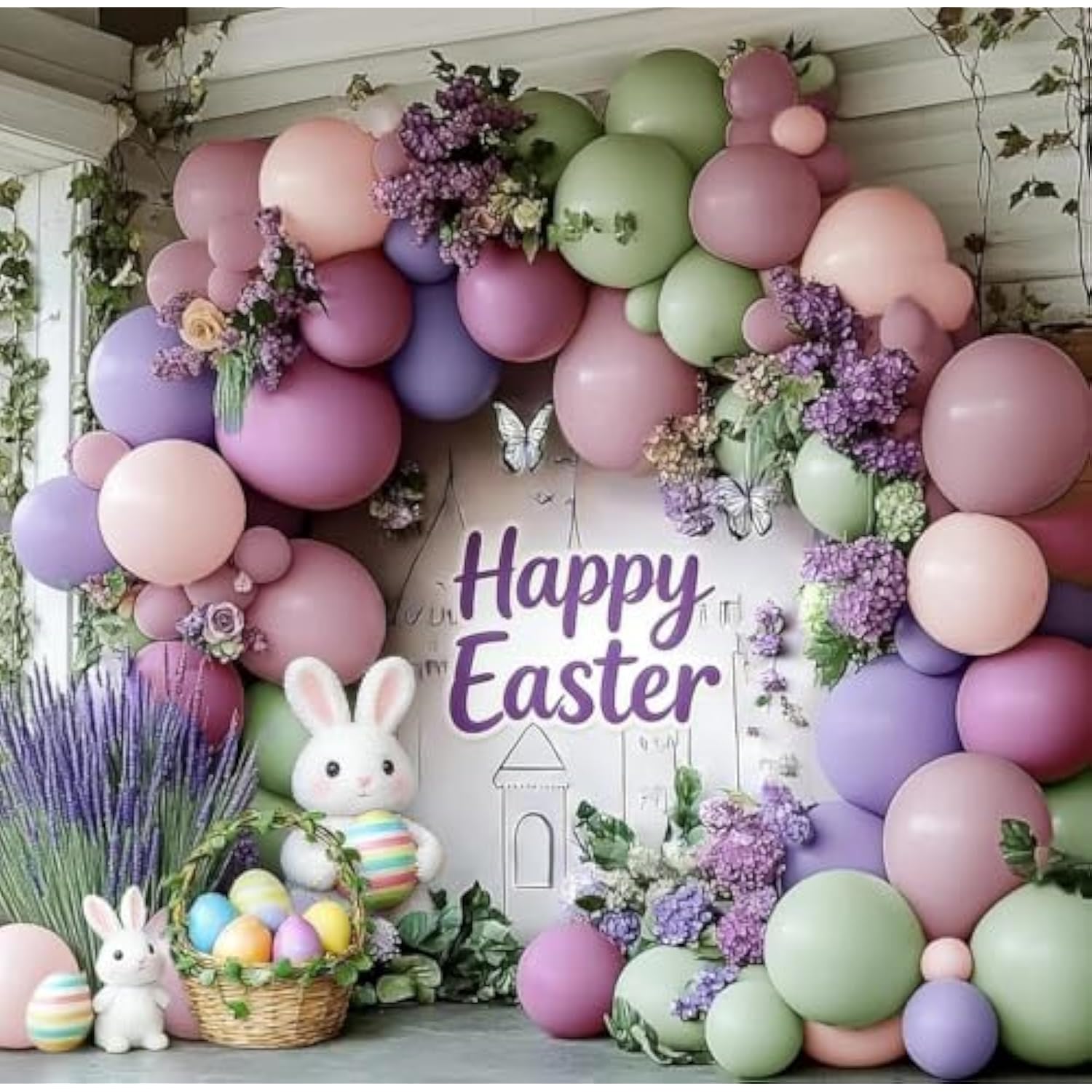 Dusty Green Purple Pink Balloon Garland Double Stuffed Pastel Light Green Pink Lavender Lilac Balloon Arch Kit Mist Mauve Blush Balloons For Birthday Baby Shower Spring Easter Flower Fairy Party Decor