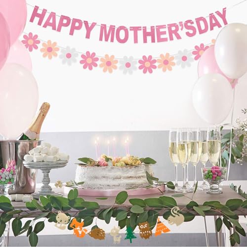 Happy Mother's Day Decorations Banner - NO DIY - Pink Glitter Mothers Day Party Supplies Photo Backdrops