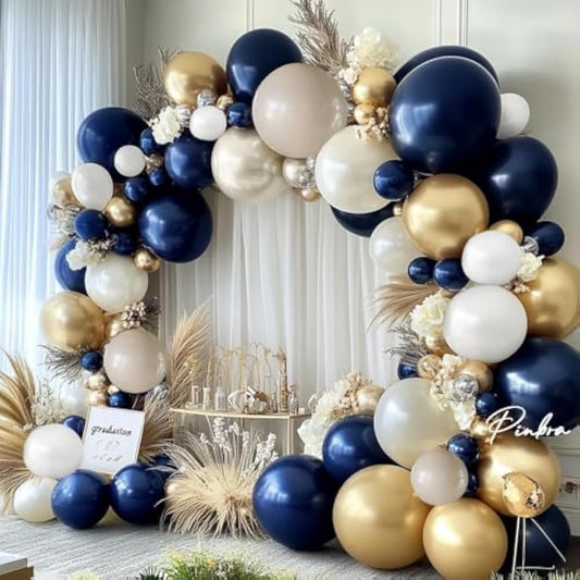 Navy Blue White Balloons Double Stuffed Royal Blue Gold Pearl Balloon Arch Kit Dark Blue White Sand Cream Latex For Birthday Baby Shower Graduation Anniversary Wedding Party Decorations