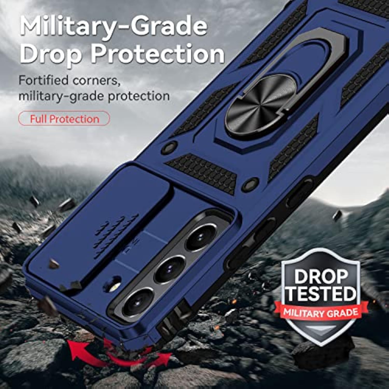 For Samsung Galaxy S22 Plus Case With Camera Lens Cover Hd Screen Protector, Military-Grade Drop Tested Magnetic Ring Holder Kickstand Protective Phone Case For Samsung Galaxy S22+ Plus 5G (Navy Blue)