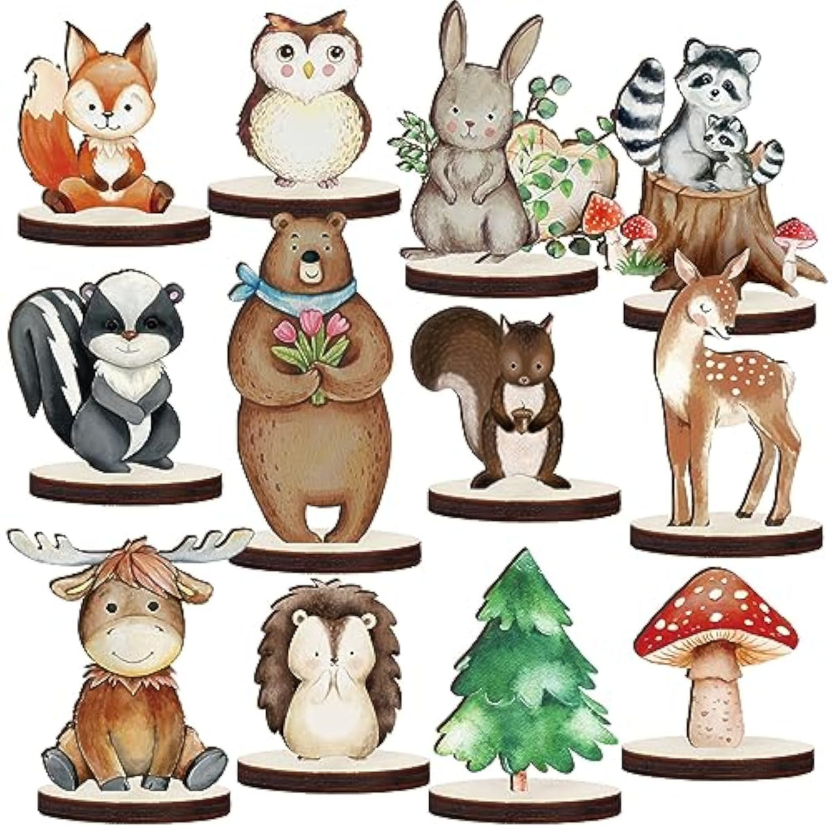 12 Pcs Woodland Animals Wooden Animal Cutout Shapes Forest Painted Woo