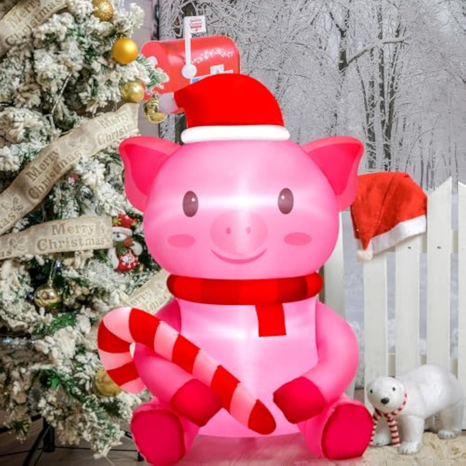 3.3Ft Christmas Inflatable Pig Pig With Santa Hat & Candy Cane Christmas Inflatable Led Lighted Blown Outdoor Pig Decor