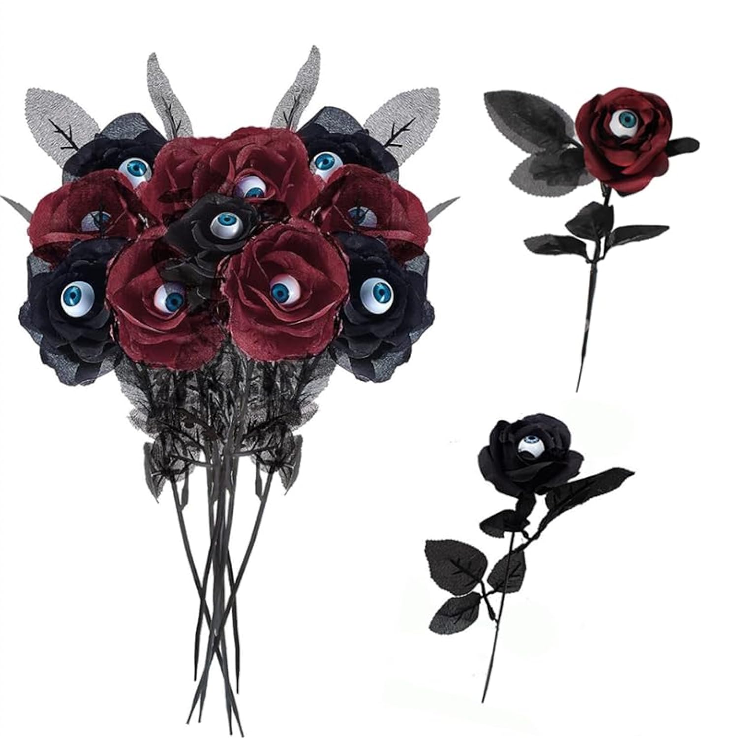 10 Artificial Roses With Eyeballs For Halloween Party Rose Bouquet, Used For Flower Arrangement, Party Home Decoration (Red Black)