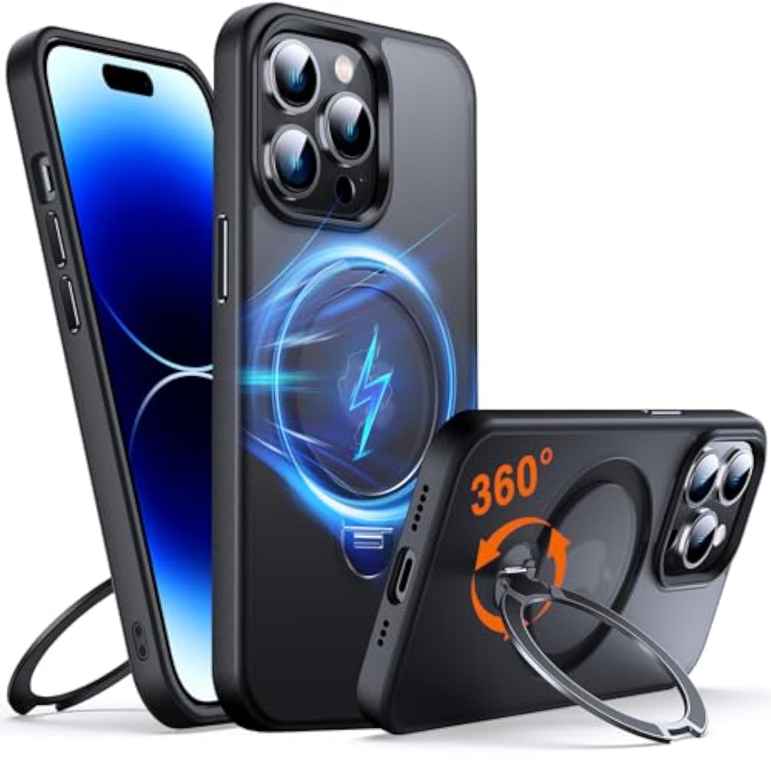 360° O-Ring Magstander For Iphone 14 Pro Case With Magnetic Kickstand Ring Holder [Compatible With Magsafe][360°Rotate Stand Ring][Military Shockproof] Iphone 14 Pro Phone Cover Matte Black