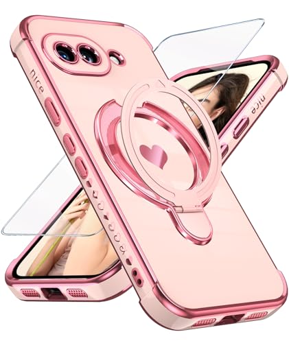for Google Pixel 10a Cute Love Heart Kickstand Woman Girls Phone Case with Screen Protector: Luxury Plated Gold Edge Slim Soft TPU Full Camera