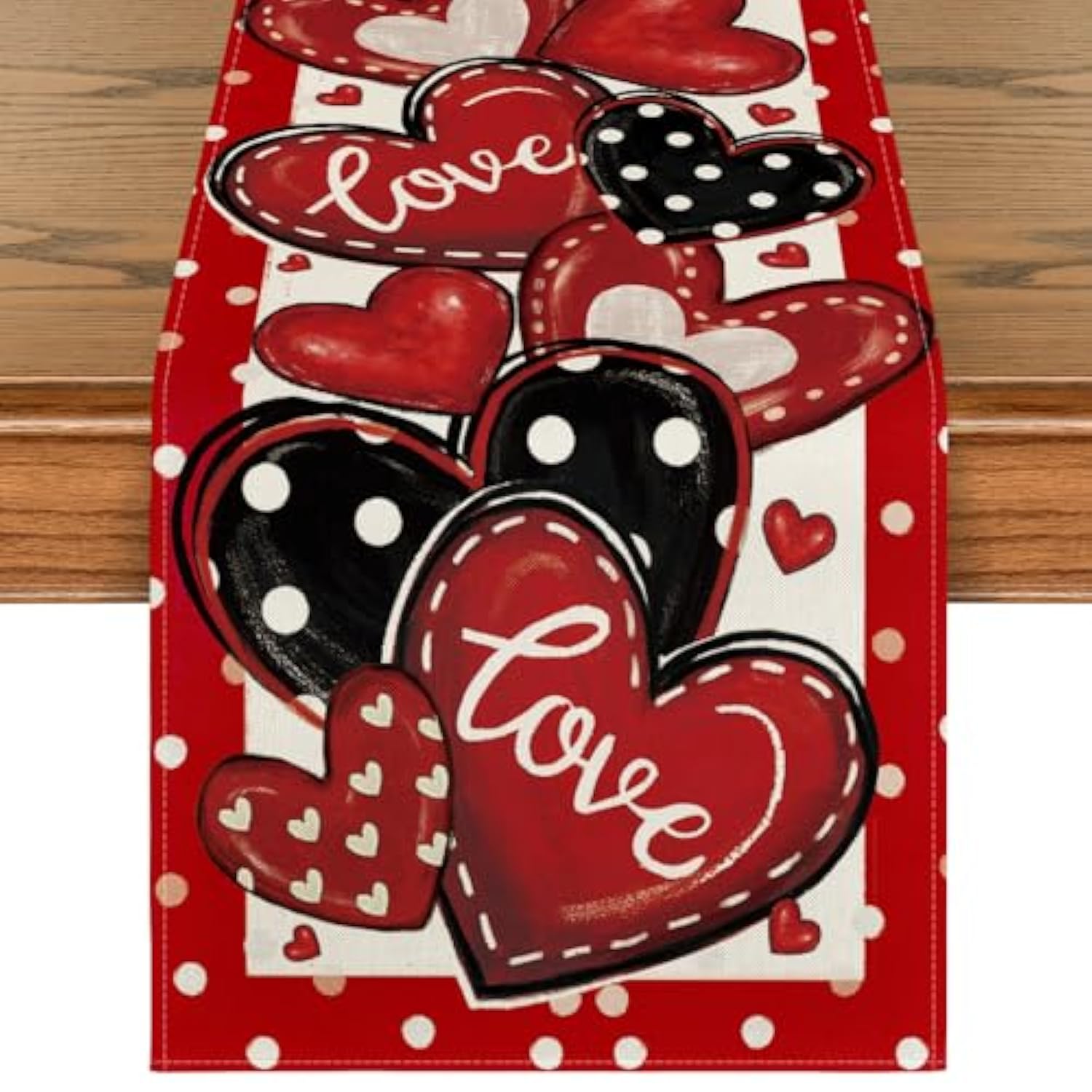 Red Polka Dot Heart Love Valentine'S Table Runner, Anniversary Wedding Kitchen Dining Table Decoration For Home Party Decor 13X72 Inch