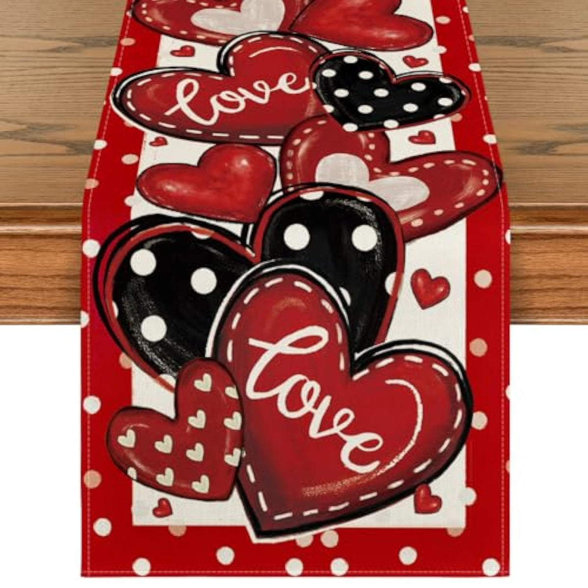Red Polka Dot Heart Love Valentine'S Table Runner, Anniversary Wedding Kitchen Dining Table Decoration For Home Party Decor 13X72 Inch