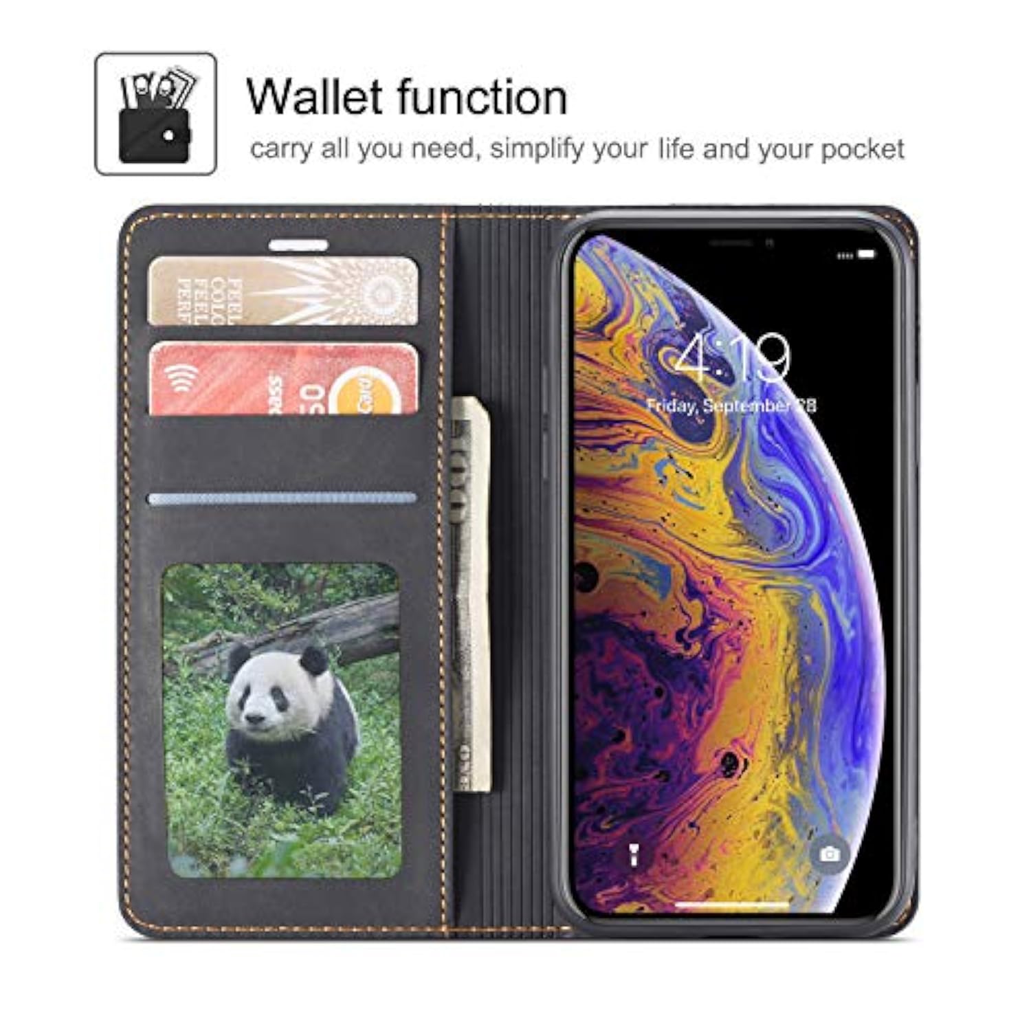 For Iphone Xr Case, Premium Pu Leather Cover Tpu Bumper With Card Holder Kickstand Hidden Magnetic Adsorption Shockproof Flip Wallet Case For Iphone Xr (6.1 Inch) - Black