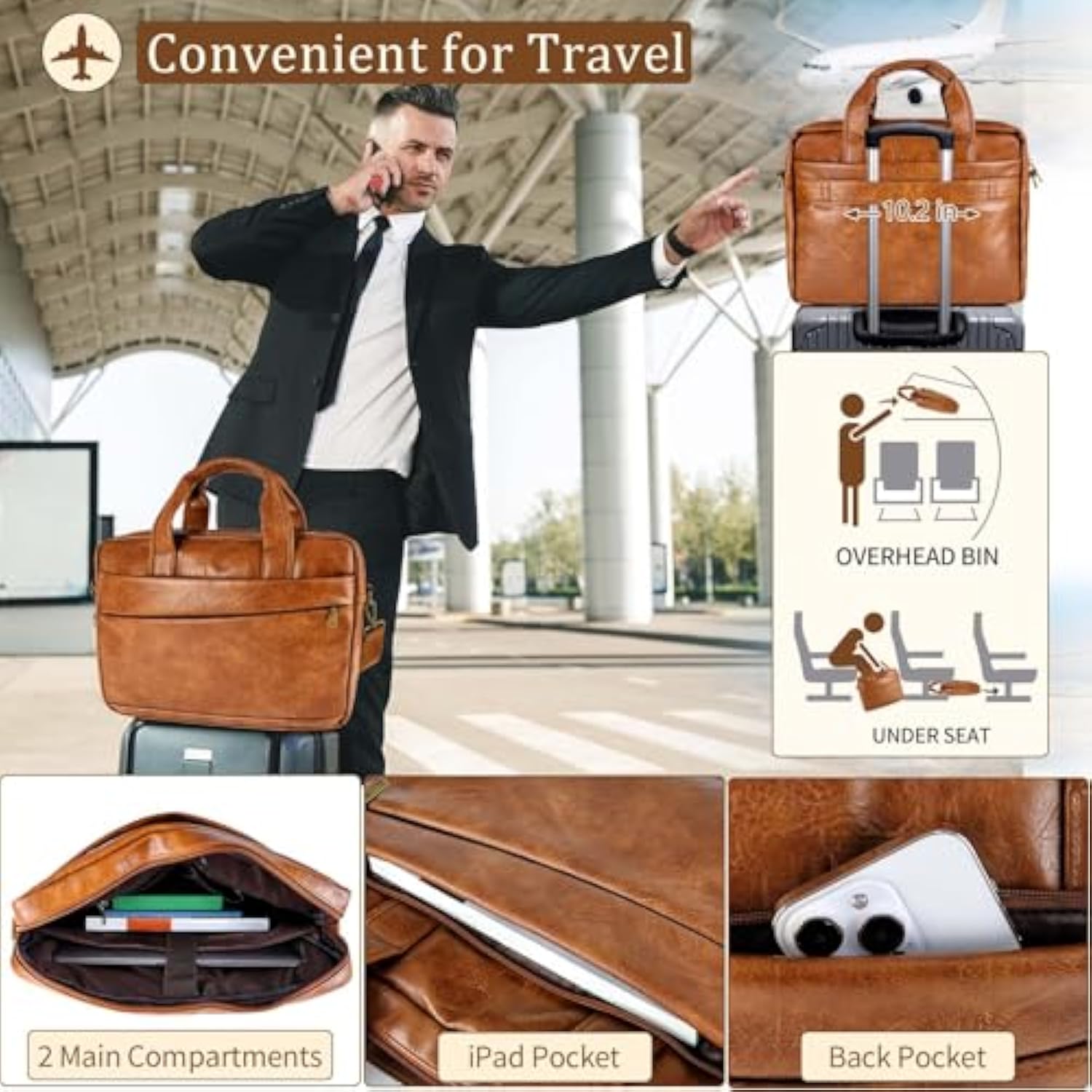Faux Leather Messenger Bag For Men 15.6 Inch: Laptop Bag Briefcase Computer Handbags Shoulder Crossbody Bag With Padded Laptop Sleeve For Work College Travel, Pu Brown