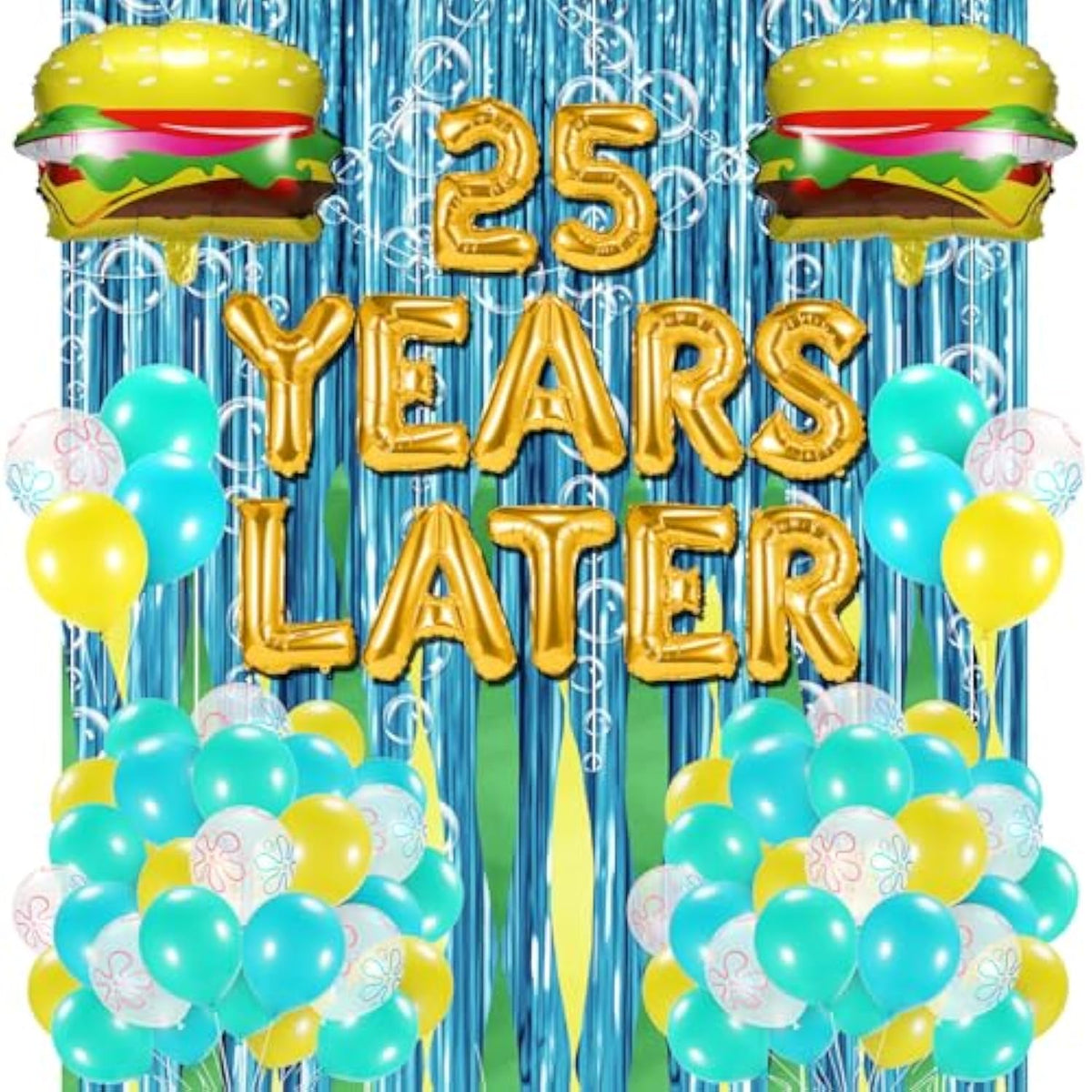 Spongebob 25Th Birthday Decorations, 25 Years Later Letter Balloons Set For Ocean Theme Party,Birthday Decor,Mermaid,Baby Shark,With Hamburger Balloons,Blue Backdrop Bubble Garland And Crepe Paper