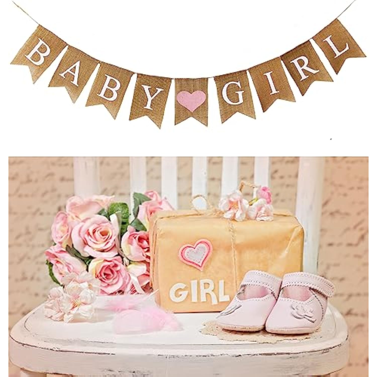 1pcs Baby Girl Burlap Banner with Light Pink Heart for Shower & Gender Reveal Decor