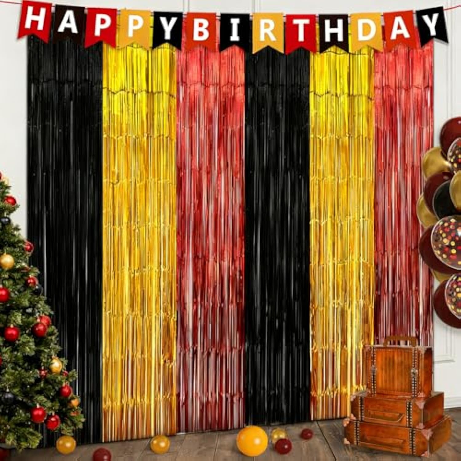 2-Pack Black Red Gold Foil Fringe Curtains 3.28x6.56 ft for Party and Photo Booth