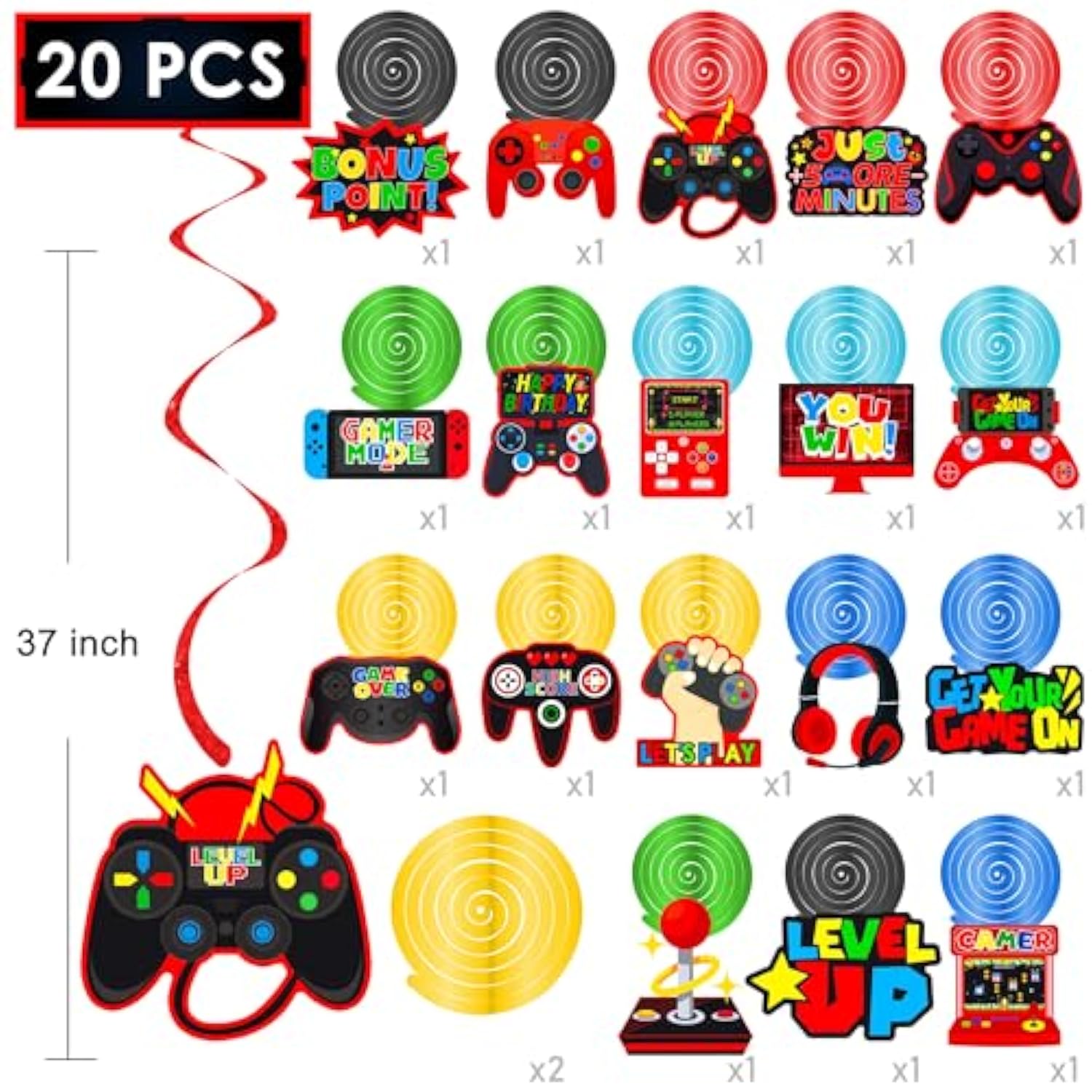 Video Game Birthday Hanging Swirls Red Video Game Party Decorations 20Pcs Game On Ceiling Streamers Gaming Birthday Party Hanging Decorations Or Level Up Birthday Baby Shower Supplies