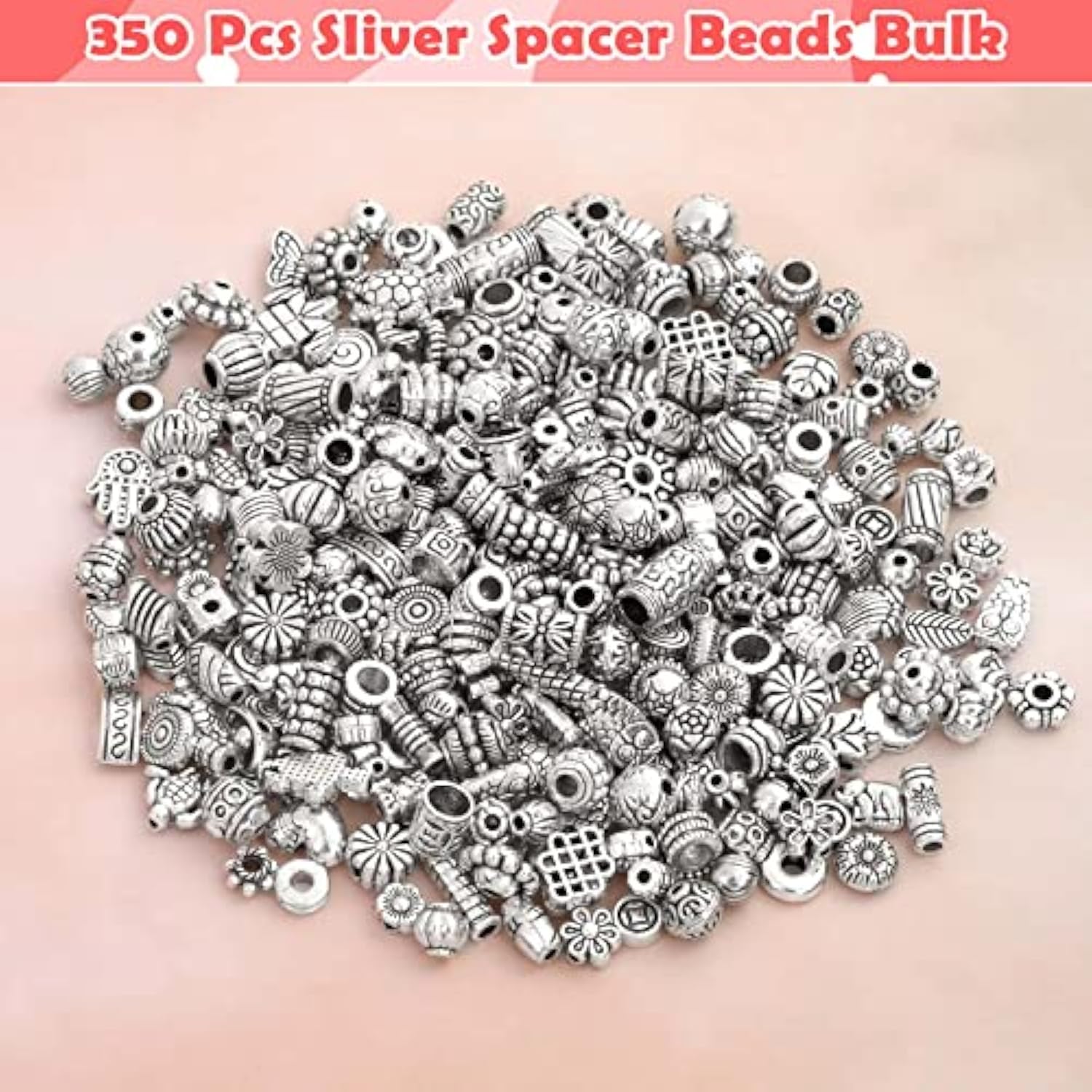 350PCS Silver Spacer Beads Mixed Styles for Bracelet Necklace Jewelry Making