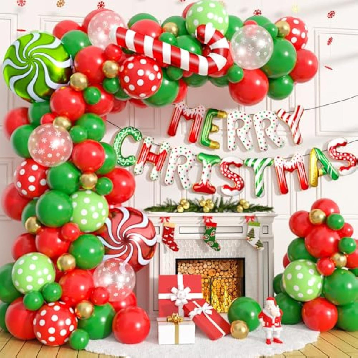 Christmas Balloon Arch, Christmas Balloon Garland Kit With Candy Cane Merry Christmas Foil Balloon Red Green Gold Latex Balloons Snowflake Printed For Xmas New Year Lollipop Party Decorations