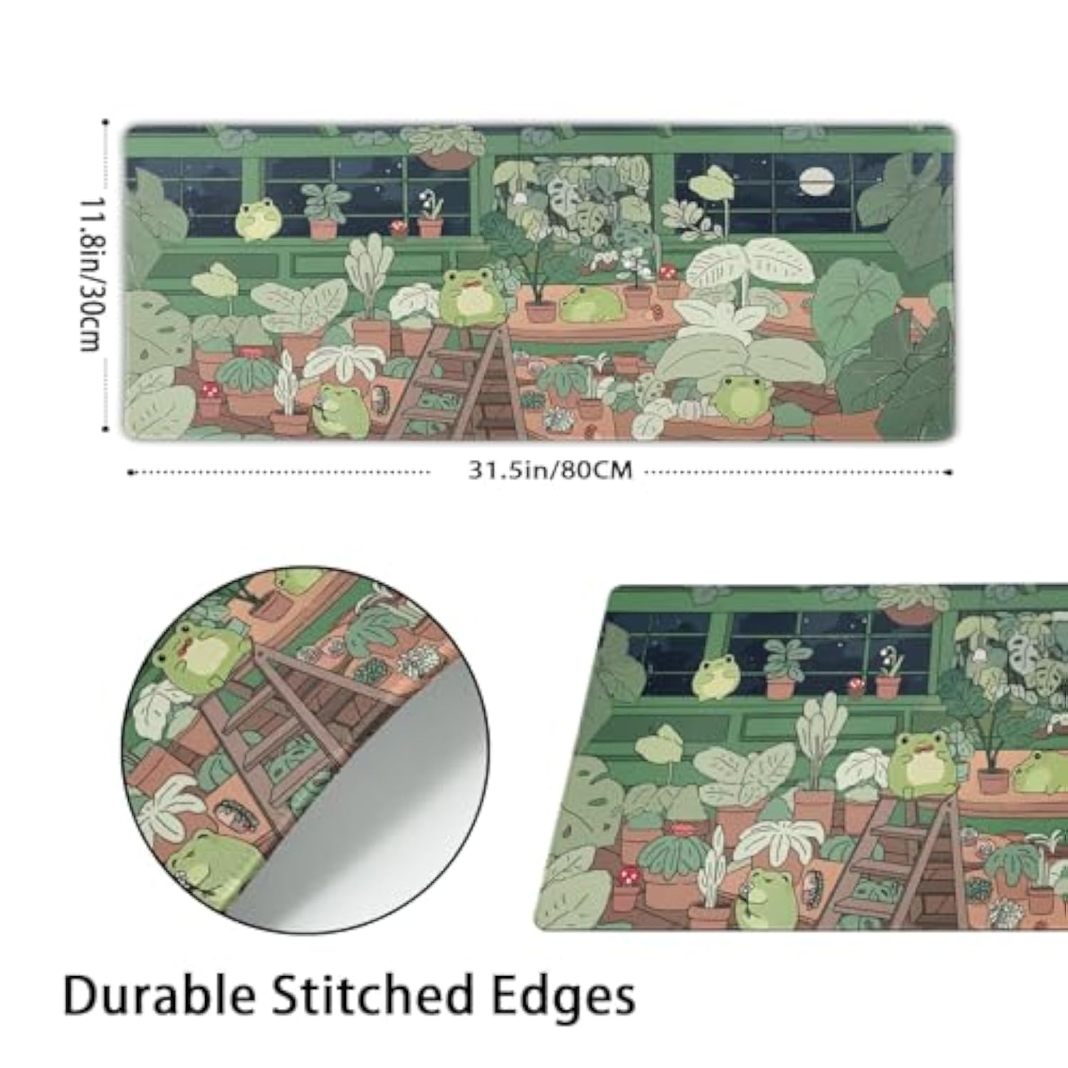 Cute Frog Mouse Pad Kawaii Extended Desk Mat Green Large Xl Mousepad Non-Slip Rubber Base Stitched Edge Long Keyboard Pad For Desk Gaming Laptop Desktop,31.5×11.8 Inch