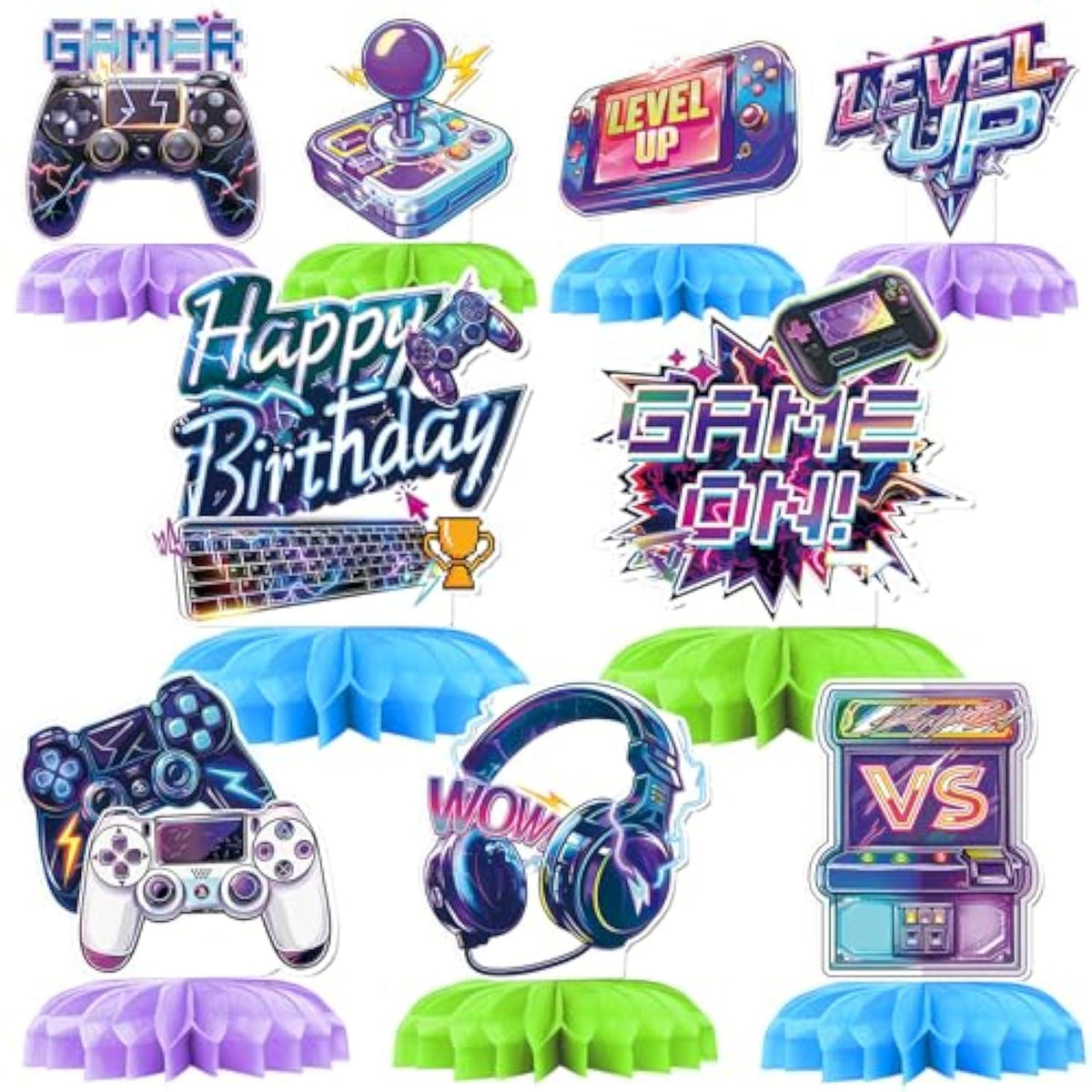 9Pcs Video Game Birthday Decorations Gamer Birthday Party Centre Honeycomb Decorations Birthday Decorations For Boys Game Night Decorations Game Themed Table Top Centre Decorations