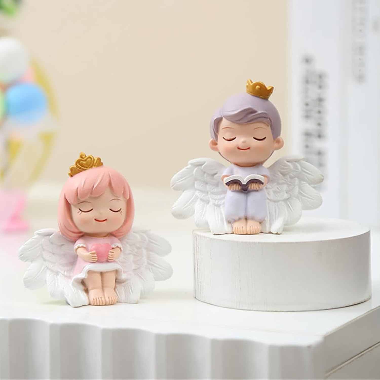 1 Pair Angel Cake Topper Figurines Angel Prince Princess Sculpture Cake Decoration Christmas Desktop Ornaments Home Table Centerpieces Baby Shower Birthday Party Supplies