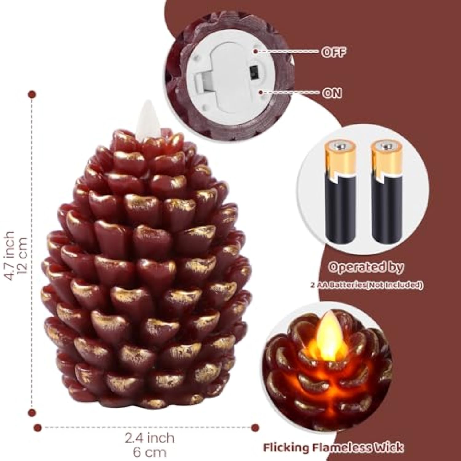 Christmas Pinecone Candles Flameless,Battery Operated Candles With Flickering Wick,Indoors Fake Candle,Christmas Candle Pine Cones Holiday Decor,Winter Thanksgiving Decorations,Set Of 2