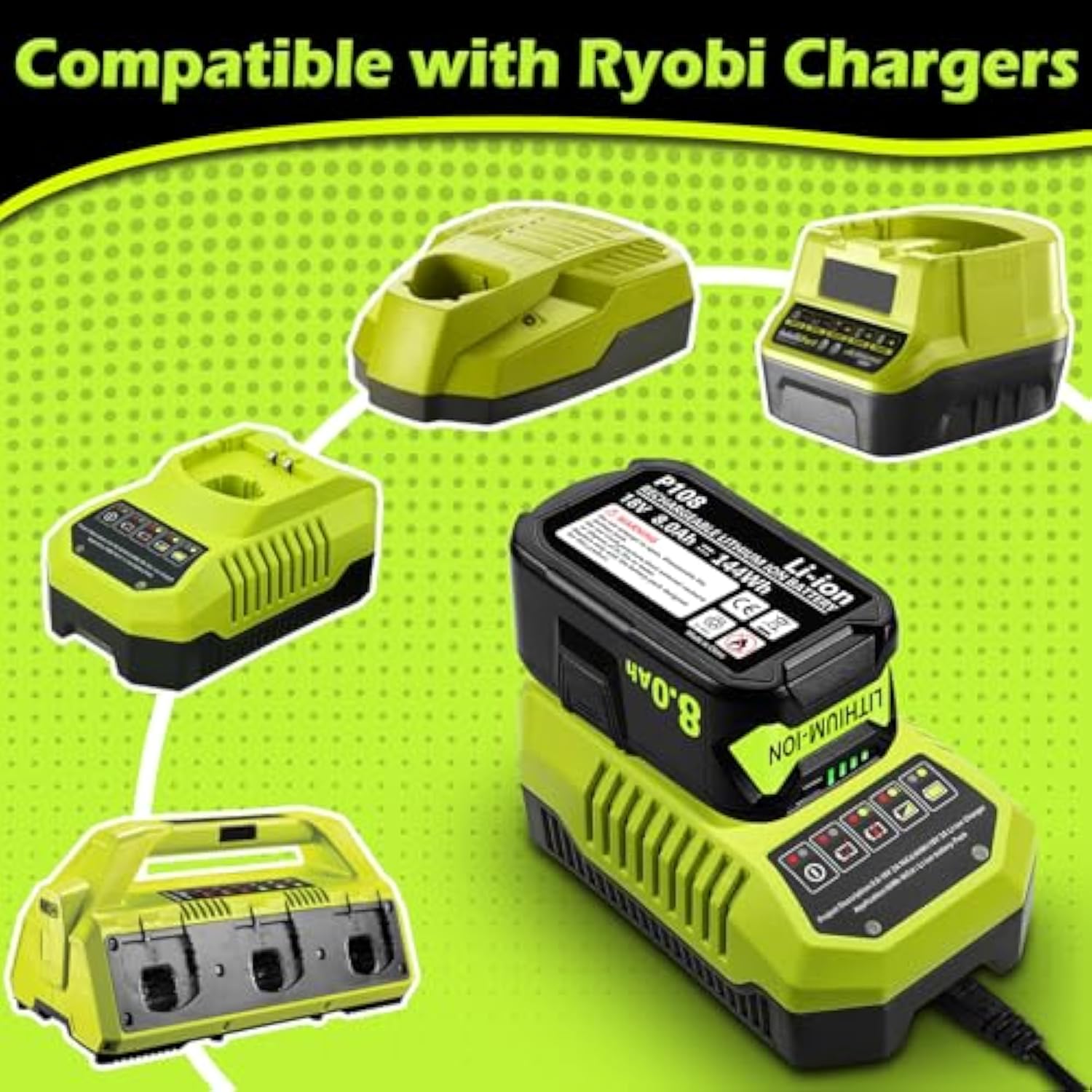 8.0Ah 18V Battery For Ryobi: Replacement Compatible With Ryobi 18V Battery One+ Lithium-Ion P108 P102 P103 P105 P107 P189 Cordless Power Tools, 2 Pack