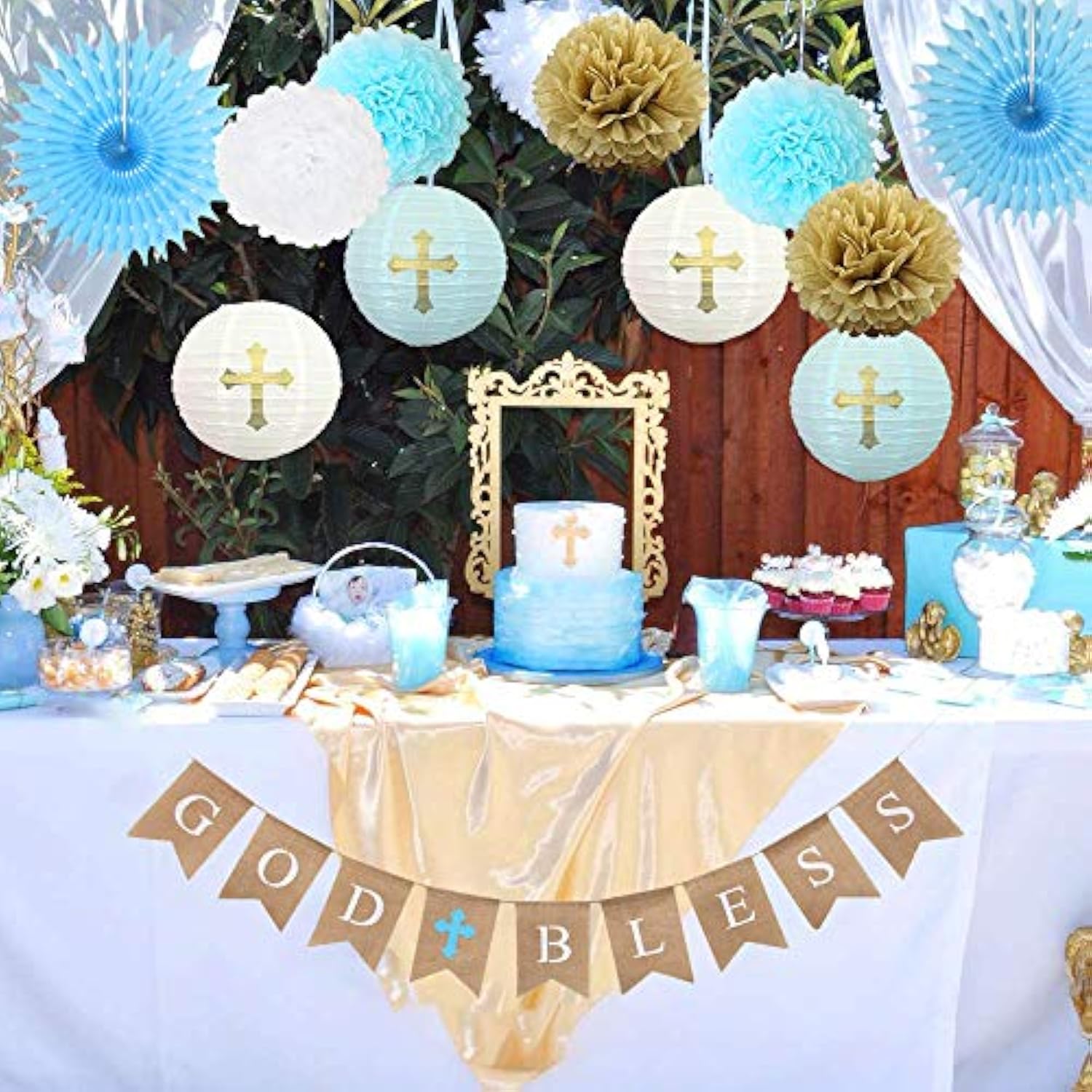 Baptism Decorations For Boys, First Communion Confirmation Decorations, God Bless Banner And Blue Party Decorations - Blue Set